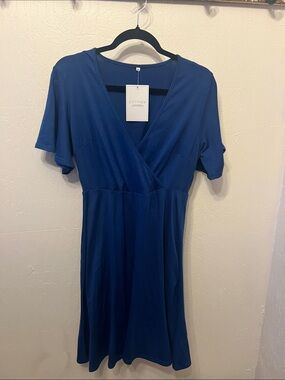 Blue Wrap-Front Midi Dress